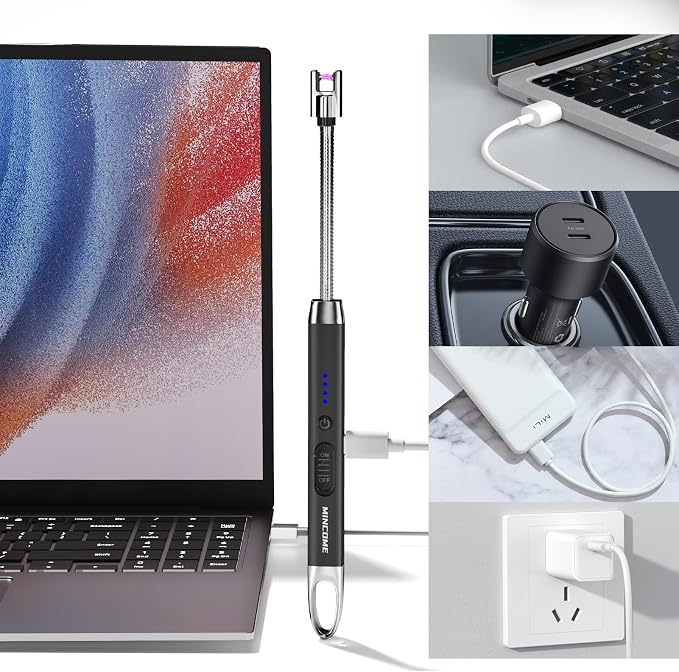 Candle Lighter, Windproof Flameless Electric lighters, Long Lighter with 360° Neck & Safety Switch, USB-C Rechageable Arc Lighters for BBQ & Candle (Black)