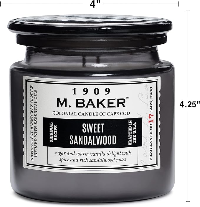 Colonial Candle Sweet Sandalwood Scented Jar Candle | 2-Wick Natural Soy Blend Wax Candle for Home | Relaxing Aromatherapy Candle Infused with Essential Oils | M. Baker Apothecary Glass Jar Candle