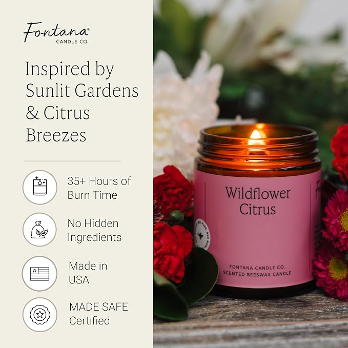 Fontana Candle Co Wood Wick Beeswax Jar Candle, Wildflower Citrus – Made Safe with Coconut Oil & Pure Essential Oils – 35+ Hrs Clean Burn, Long Lasting and Non-Toxic Candles for Home & Room Decor