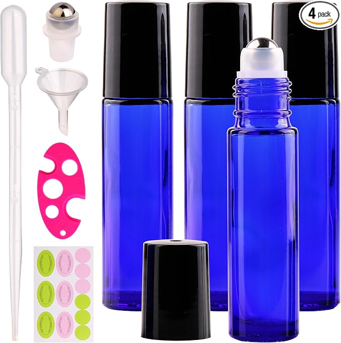 inice 4 Pack Essential Oil Roller Bottles 10ml Cobalt Blue Glass Bottles Stainless Steel Roll On Ball Applicator for Daily Care