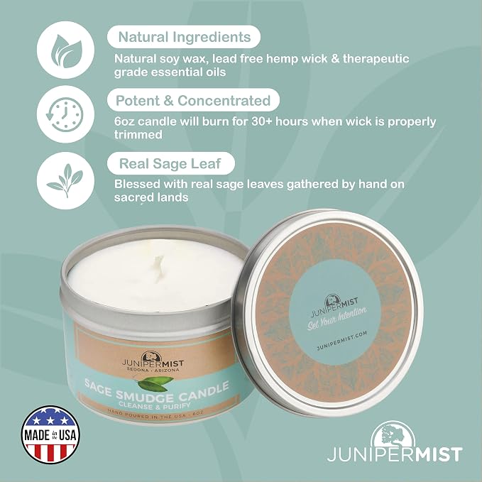 Sage Candle (6 Oz) - for Meditation & Cleansing Negative Energy - Made in USA with Soy Wax, Essential Oils, Real Sage - Smokeless Alternative to Smudge Sticks