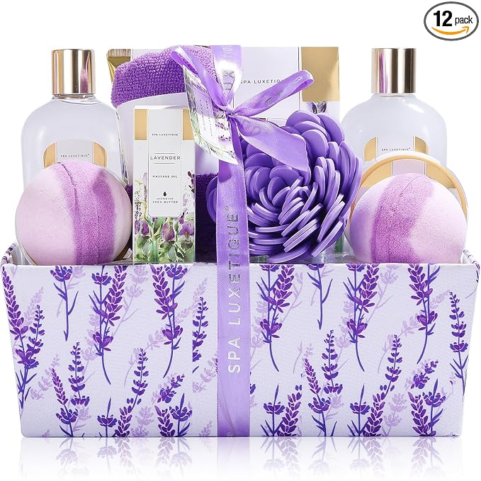 Spa Luxetique Spa Gift Baskets for Women 12 Pcs Lavender Spa Set with Body Lotions, Lavender Massage Oil, Birthday Christmas Gifts for Her