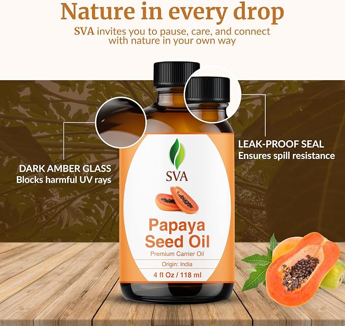 SVA Papaya Seed Oil - 4 Fl Oz – 100% Natural Cold Pressed Papaya Oil - for Face, Skin Care, Hair Care, Scalp Massage & Body Massage – Carrier Oil with Dropper