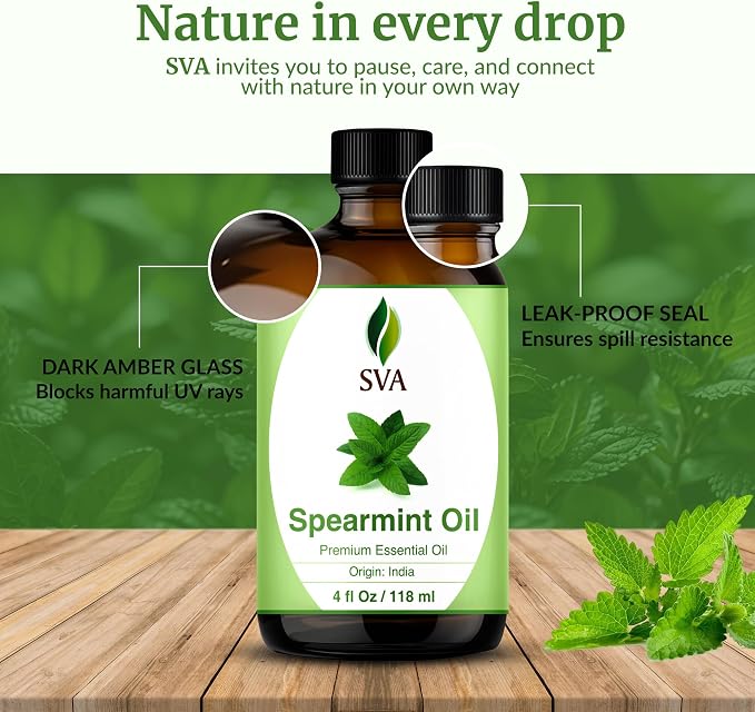SVA Spearmint Essential Oil 4 Oz with Dropper 100% Pure Natural Undiluted Premium Therapeutic Grade Oil for Diffuser, Aromatherapy, Face, Body & Hair Care