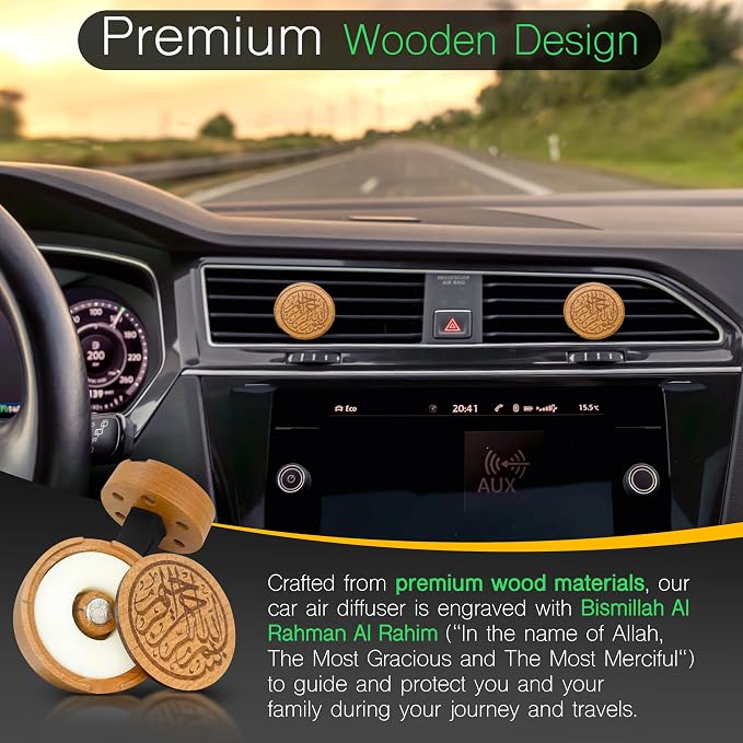 Islamic Inspired Car Diffuser - Natural Wood and Natural Wax Cartridge - Engraved with Bismillah Al Rahman Al Rahim – Includes Two scents (Lavender & Lemon) - Reusable with Essential Oils (Round)