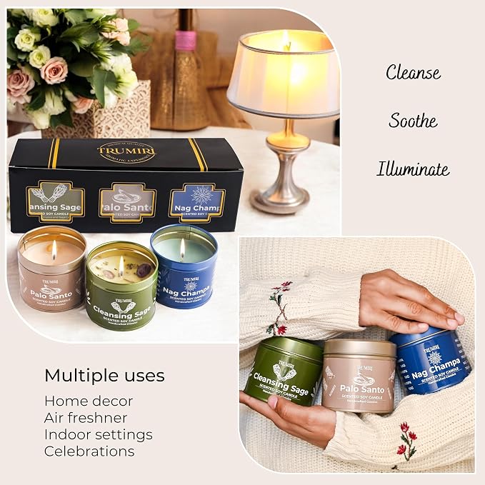 Cleansing Sage, Palo Santo, Nag Champa - Soy Candles Non Toxic - Highly Scented Long Lasting with Essential Oils - Variety Pack of 3 x 5oz - for Home Aromatherapy Meditation Gift Travel