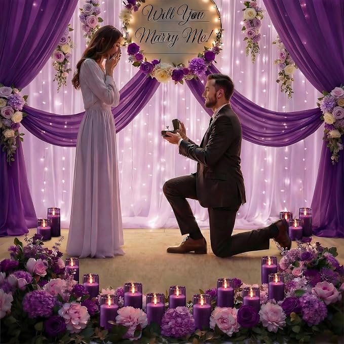 Homemory Purple Glass Flameless Candles, Battery Operated LED Pillar Candles with Remote Control and Timer, Radiance Candles, Real Wax, Set of 3,D3 xH4 5" 6"