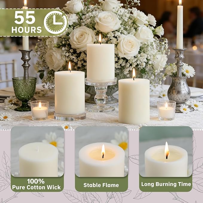 Soy Candles, Unscented White Soy Pillar Candles 3x4 Inch Non-Toxic Soybean Wax Candles 165H Long Burning Hand-Poured Pillar Candles for Wedding Table Home Decor, 3 Pack