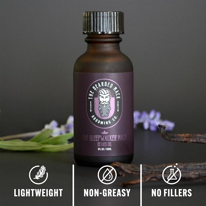 The Bearded Mack Grooming Co Beard Oil - Sleepwalker Mack - Lavender & Vanilla - Softens Beard, Removes Beard Itch & Promotes Healthy Beard Growth, 1 oz