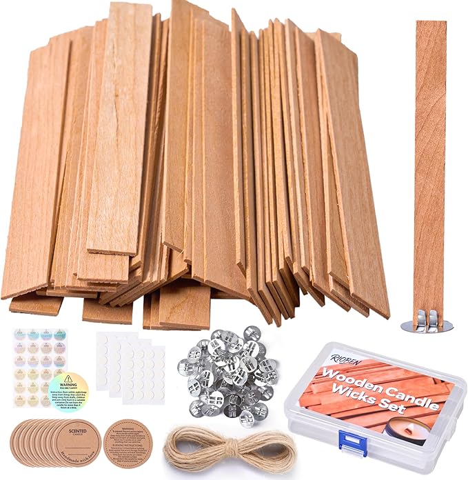 100pcs Thickened Wooden Candle Wicks Kit Include 50pcs 5.1 X 0.5 Inch Candle Making Wicks and 50pcs Metal Stand，Natural Smokeless Crackling Wood Wicks, DIY Candle Making Supplies for Beginners