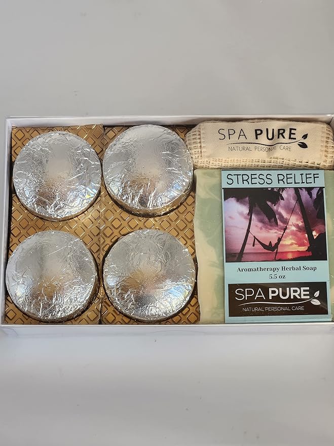Spa Pure Aromatherapy Gift Set - Stress Relief Artisan Soap & 4 Shower Steamers - Made with Plant Based Ingredients - Cotton Shower Bag & Soap Bag