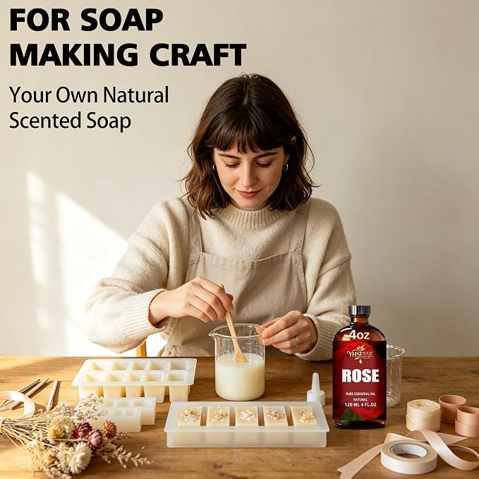 Rose Essential Oil, Rose Oil 4 Fl Oz 120ml for Diffuser Yoga Soap & Candle Making – with 0.33 Oz Roller Ball & Dropper YHSESSE Essential Oils