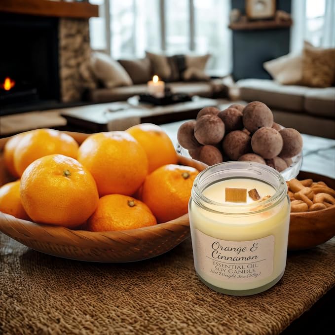 Orange & Cinnamon Essential Oil Candle 3 oz, Hand Crafted Pure Soy Wax Candle with Wooden Wick, Dried Flowers, 23 Hour Burn Time, Natural Aromatherapy Glass Jar Candle with Lid by Lathered Artisan