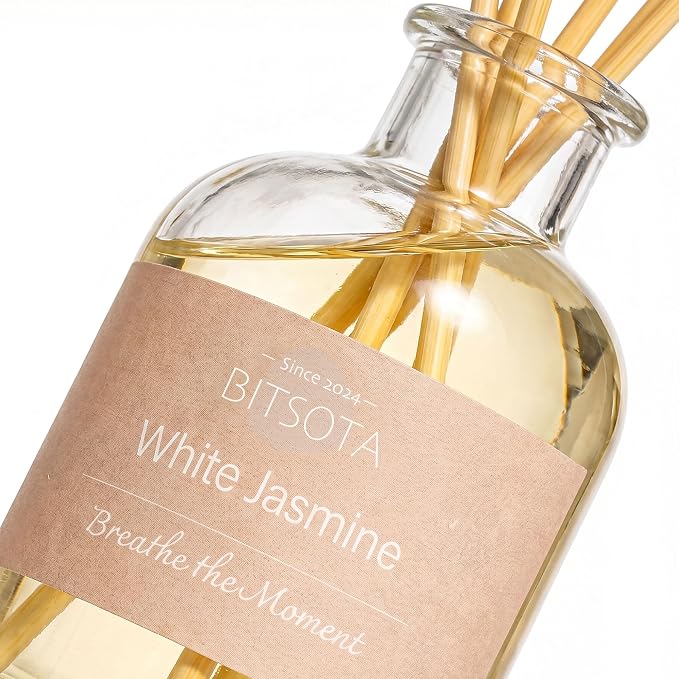 Natural Reed Diffuser Set, White Jasmine 3.52 oz (100ml) Scented Diffuser with Sticks Home Fragrance Reed Diffuser for Bathroom Shelf Decor, Ideal Gift for Woman