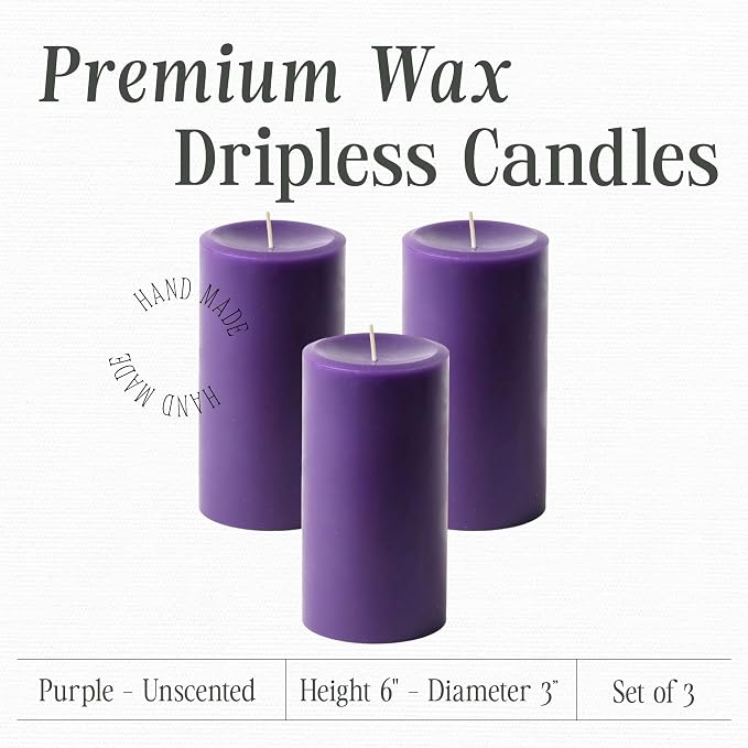 Mister Candle Dripless Unscented Pillar Candles, Set of 3 Hand Poured Purple Pillar Candles, Solid Color Non-Scented Candles for Home Decor, Premium Wax, 80 Hr Burn Time, 3x6 Inch