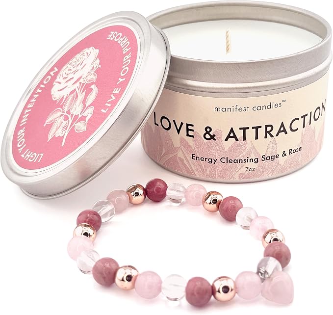Manifest Candles Love Candle to Attract Love, 45 Hour Burn, Sage & Rose Candle, Romantic Candles, Spiritual Meditation Candles with Manifestation Crystals Bracelets for Women