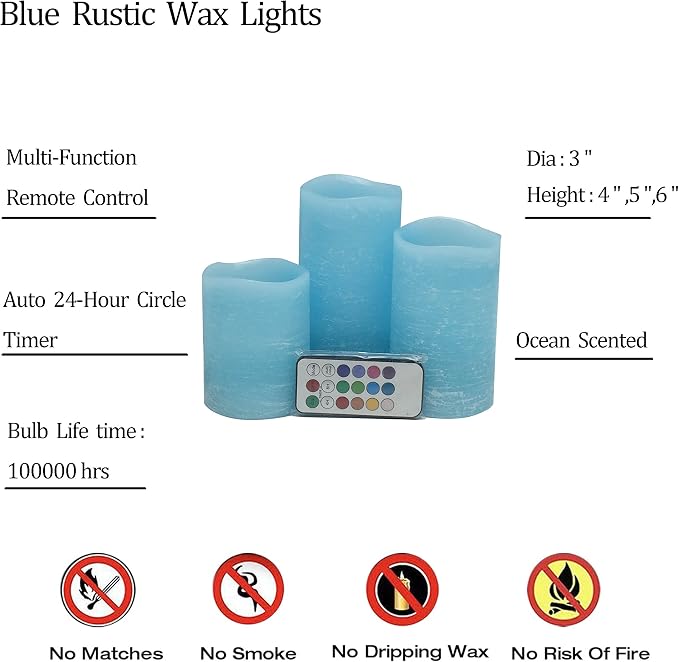 Adoria Blue Flameless Candles Set of 3- Real Wax Pillar Candles Battery Operated with Remote and Timer - Dia 3" XH4/5/6“，Ocean Scent,Color Changing for Home Decor. Wedding,Camping, Party