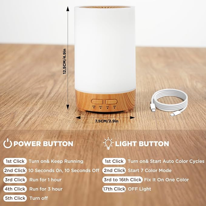 150ML Essential Oil Diffuser, Small Portable Aromatherapy Diffuser, Home Fragrance Aroma Diffuser with 7-Color LED Light, Ultrasonic Cool Mist Humidifier/Air Revitalizer for Bedroom（Light Color）