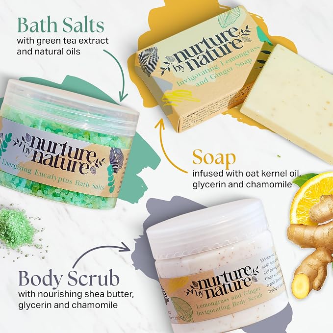 Nurture by Nature RELAX & UPLIFT Spa Kit for Women – Birthday Gifts for Women – 6 Piece Gift Basket with Hand Soap, Body Scrub, Hand Cream & More - Vegan Self Care Kit - Relaxation Gifts for Her