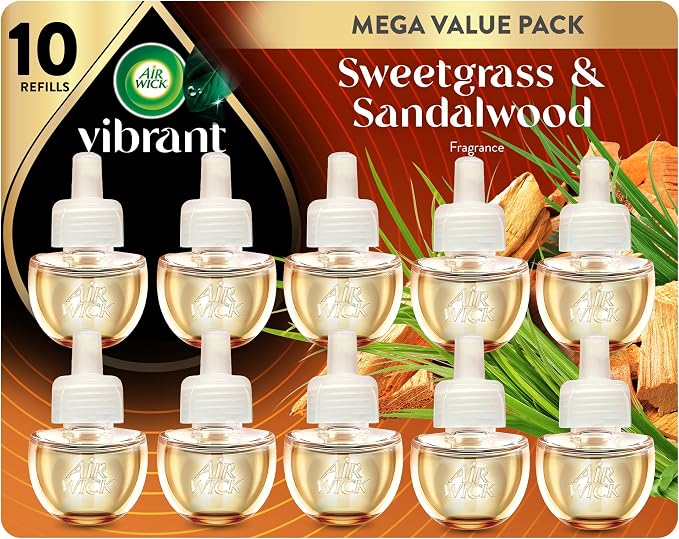 Air Wick Vibrant Plug-In Scented Oil Refills, 10 Count, Sweetgrass & Sandalwood, Air Freshener, Essential Oils, Eco Friendly