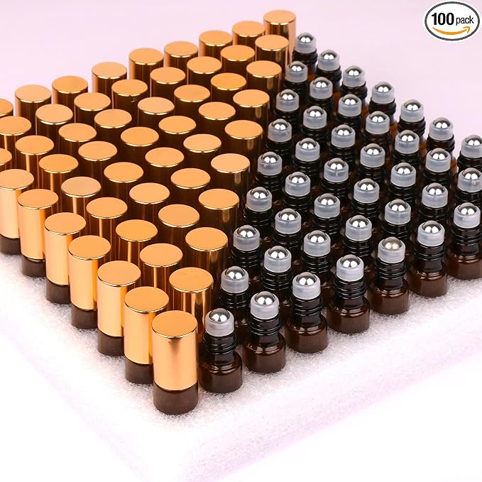 MaxMau Pack of 100,5ml Amber Glass Roller Bottles for Essential Oils Refillable Roll on Bottle with Stainless Steel Roller Balls Golden Cap For Home Travel Aromatherapy