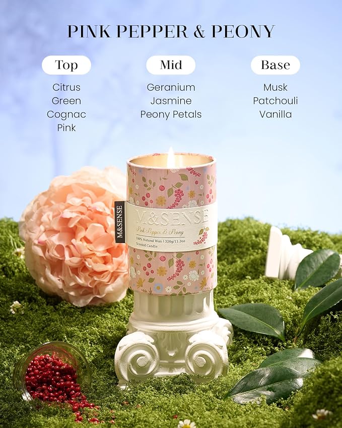 M&SENSE Pink Pepper Peony Scented Candle, Medium Jar 11.3oz | Natural Soy Wax, Floral Candles, Up to 70 Hours Burning, Long-lasting Fragrance, Gift for Spring Holiday