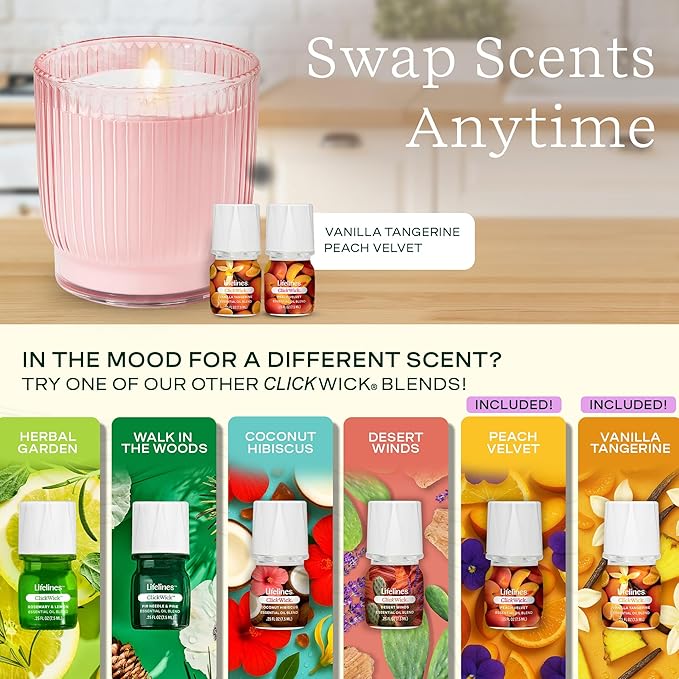 Lifelines Flameless Candle Aromatherapy Essential Oil Diffuser with 2 ClickWick Essential Oil Blends - Cordless & Waterless Diffuser for Home - Scented Electric Candles Blow Out Flame - Pink Jar