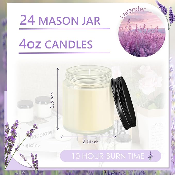 24 Pcs 4 Oz Mason Jar Candles, Lavender Scented Soy Candles Bulk Set for Stress Relief and Relaxation, Great Favors for Wedding, Christmas, Housewarming Gifts (Black, Lavender, 24)