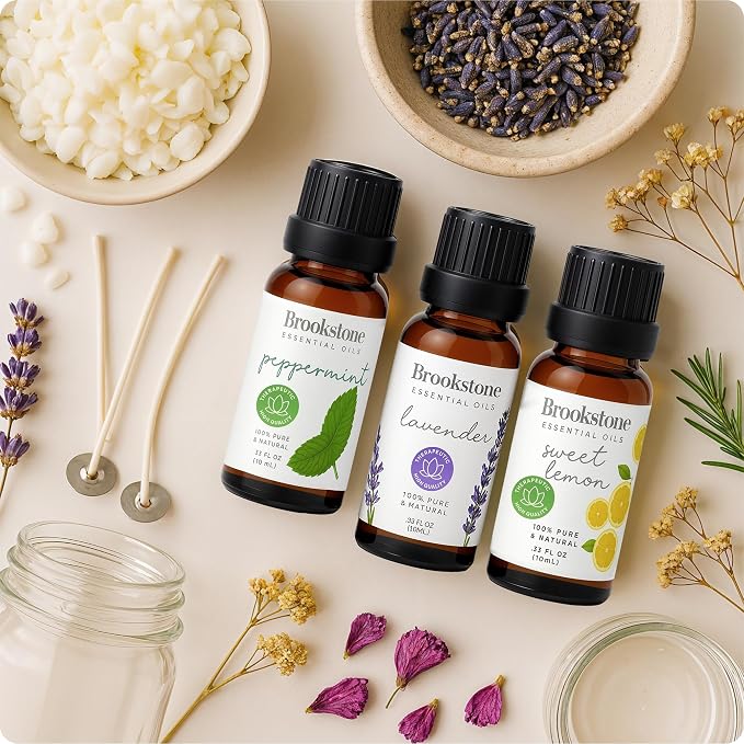 Brookstone Essential Oil Herbal Collection – 100% Pure Steam Distilled Therapeutic Grade Essential Oil Set for Aromatherapy Diffuser and Topical Use | Lemon, Lavender, Peppermint | 3-Pack 10ml Bottles