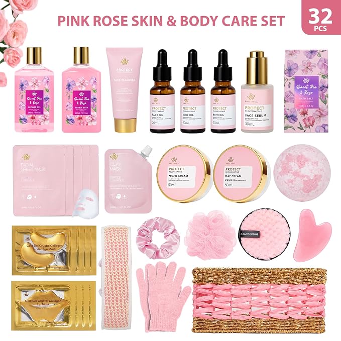 Gifts for Women, 32 Pcs Rose Bath and Body Gifts Basket Set for Women, Hydrating Facial Skin Care Set, Self Care Pampering Kit, Home Spa Basket Gift Set, Birthday, Christmas, Mothers Day, Anniversary