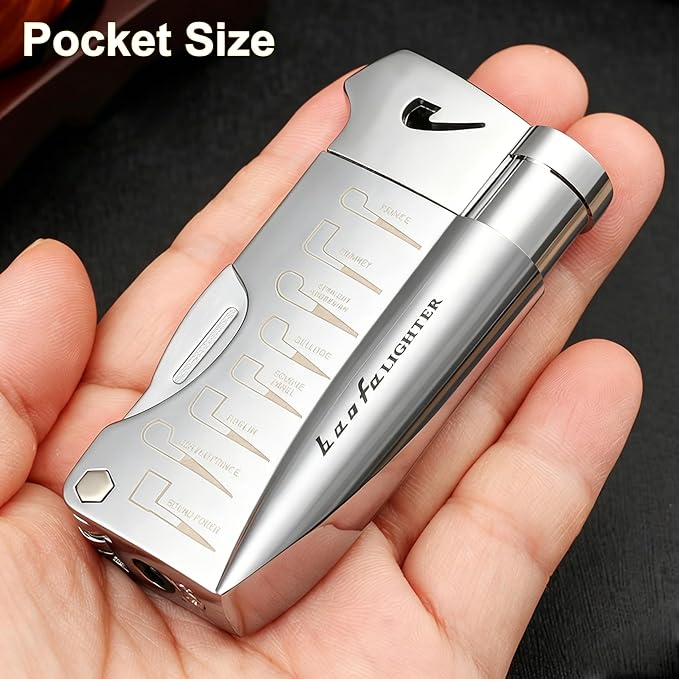 Soft Flame Butane Lighter with Built-in 3-in-1 P-ipe Tool Cleaner, Unique Refillable Candle Lighter, Angled Gas Window, Unique Gifts for Men, Birthday, Father’s Day, Valentine’s Day (Silver, No Fuel)