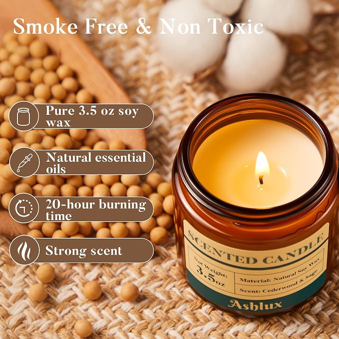 Ashlux 4 Pack Scented Candles as Candle Gift Set, Candle Set for Women, Long Lasting Soy Wax Amber Jar Aromatherapy Candles for Stress Relief, Home Decoration, Birthday, Valentine's Day