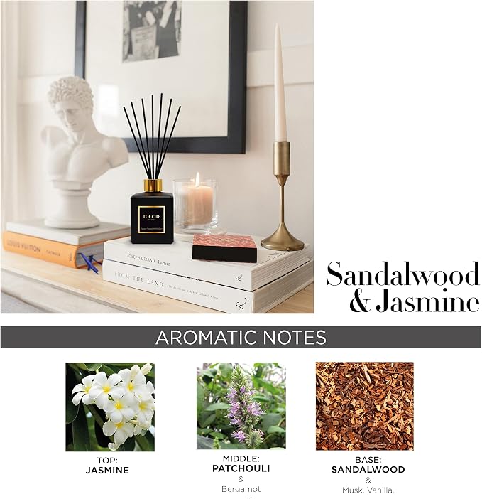 Touche Luxury Natural Reed Diffuser. Long Lasting Scented Home Fragrance. Natural Essential Oil Alcohol-Free. 4.75 OZ. Glass Bottle (Sandalwood & Jasmine - Black Bottle)
