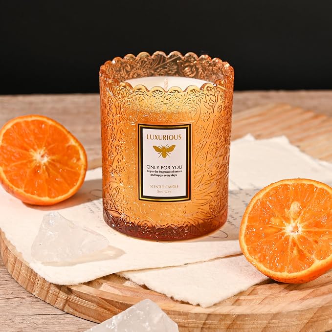 Sandalwood Candles, Candles for Home Scented, Natural Soy Wax Candle，Aromatherapy Candle for Stress Relief, Delicate Embossed Glass Jar for Home Decor, 7 oz 40 Hours Burning Time