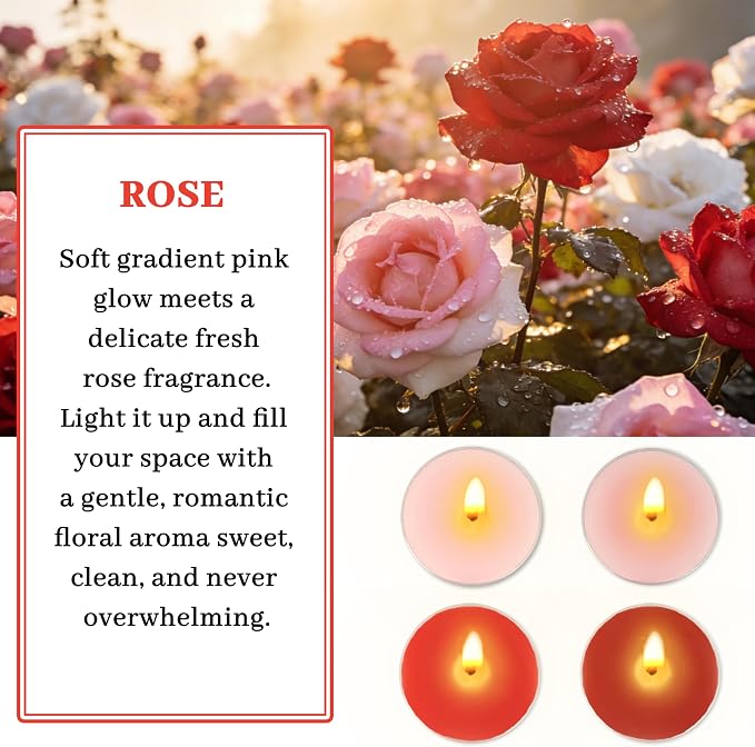 Rose Scented Tea Light Candles 12 Pack Gradient Red Hand Poured Smokeless 4 Hours Clean Burning Small Round Clear Cup Tealight Candles for Mother's Day Romantic Dinner Wedding Centerpiece Cozy Evening