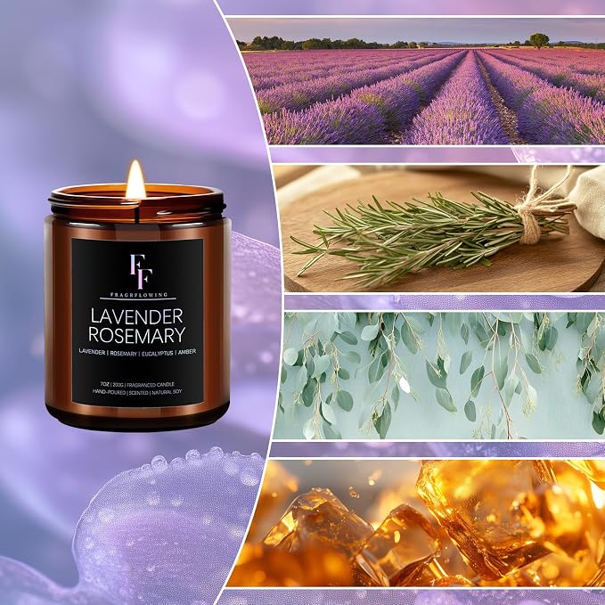 Lavender Rosemary Candle, Scented Candle for Home Soy Wax Candle, Aromatherapy Candle Gift for Women Men, 7oz
