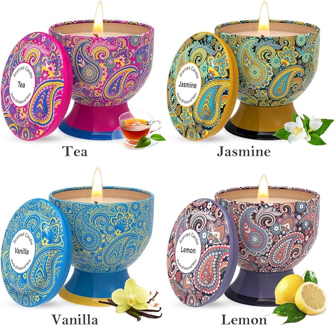 Aromatherapy Candle Stress Relief Gift Set, 4 Packs of 4 Ounces, 100% Soy, Long-Lasting, Suitable for Family fragrances, Holiday Decorations, Weddings (Lemon, Vanilla, Jasmine, Green Tea)