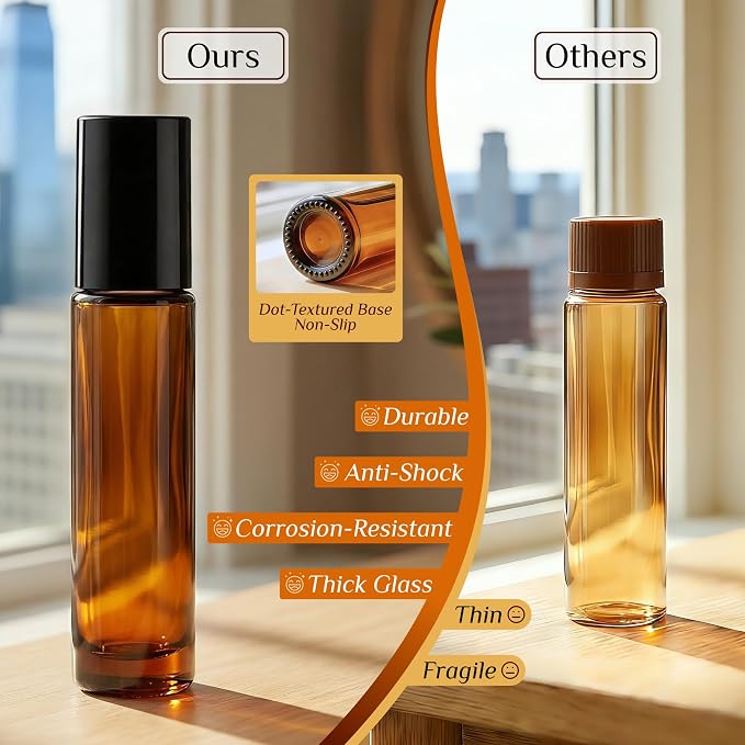 PrettyCare Set of 120, Bulk 10 ml Essential Oil Roller Bottles with Stainless Steel Roller Ball - Refillable Leak-proof Empty Thick Amber Glass Roll on Bottles with Black Caps for Travel, Perfume
