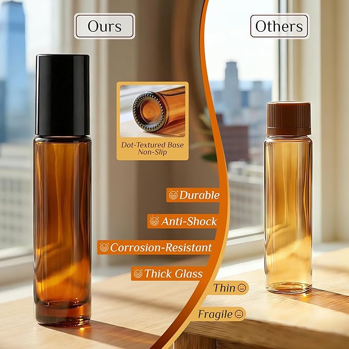 PrettyCare 4 Pack 10 ml Amber Glass Roller Bottles for Essential Oil with Stainless Steel Roller Ball - Refillable Leak-proof Empty Roll on Bottles with Black Caps for Travel, Perfume,Lab