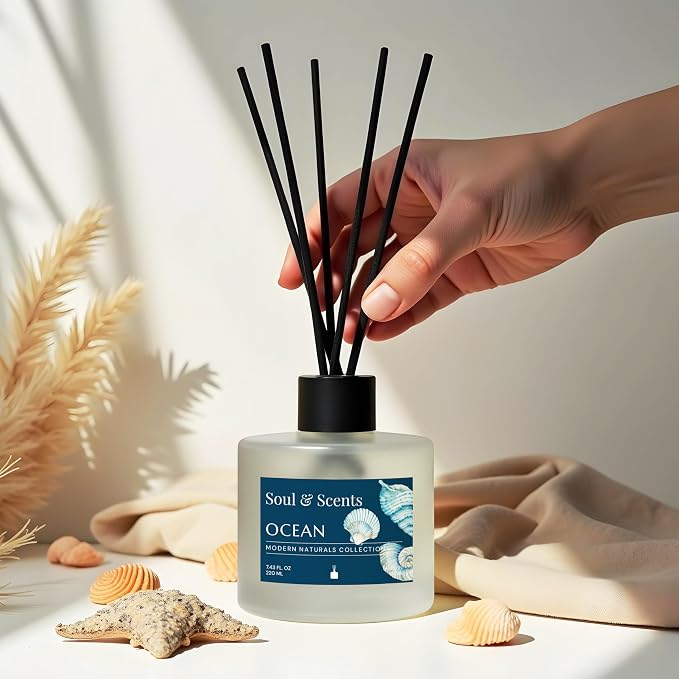 Soul & Scents Reed Diffuser Set – Ocean | 7.43 oz Refillable Scented Oil with 6 Fiber Sticks | Long-Lasting Home Fragrance & Air Freshener for Bedroom, Bathroom, Office | Gift & Décor Piece