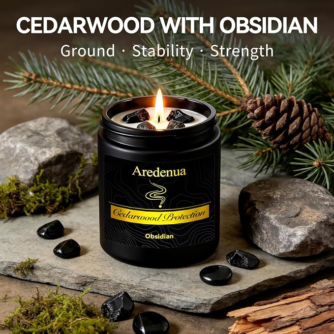 Scented Candle with Crystal for Emotional Protection and Grounding - Cedarwood Aromatherapy Candle with Obsidian Healing Crystals, Natural Soy Wax 7oz, Strength Gift for Women Men