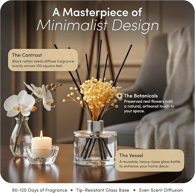 Reed Diffuser Set (6.7fl oz), Natural Bamboo Essential Oil Fragrance with Glass Bottle, Black Rattan Sticks & Preserved Flowers, Up to 120 Days Lasting Fragrance for Home & Office