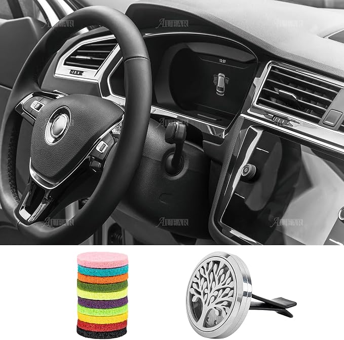 AUEAR, Tree of Life Car Diffuser Vent Clips Aromatherapy Essential Oil Diffusers 30mm Stainless Steel Lockets with 10 Felt Refill Pads