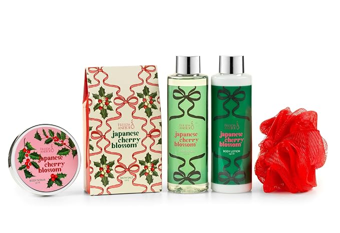 Cherry Blossom Spa Gift Set Bath & Body Basket for Women & Men | Shower Gel, Body Lotion, Body Scrub, Bath Salt, Mother's Day Gift
