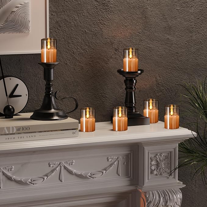 VIODAIM 6Pack Glass Flickering Flameless Candles with Remote, 2"X3" Real Wax Votive Candles Battery Operated, Small Electric LED Candles for Wedding Home Decor, w/4 Timers+2 Lighting Modes [Gold]