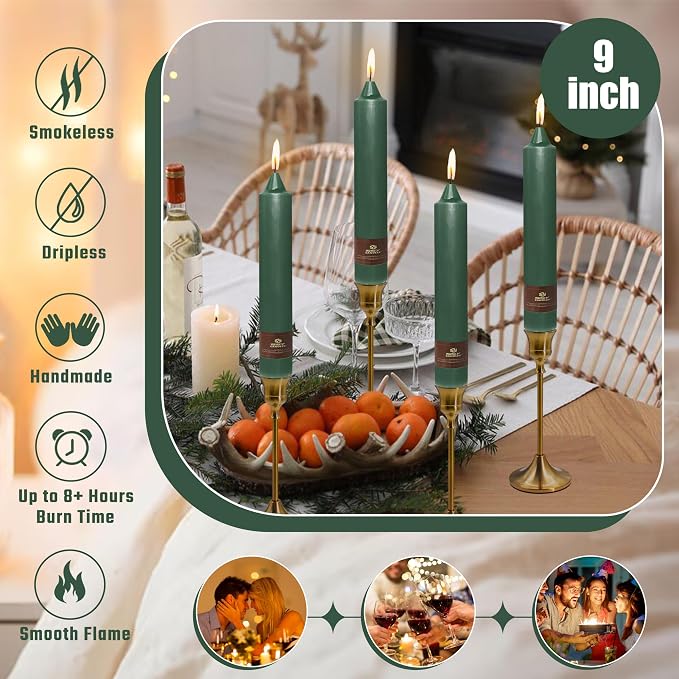 Christmas Green Candle 9 Inch Tall Smokeless Taper Candles 4 Pack Unscented Dinner Candle for Christmas Festive, Halloween Thanksgiving Day Fall Home Decor