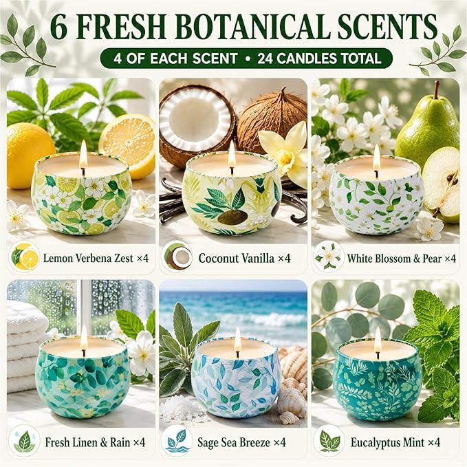 24 Pack Mini Scented Candles for Party Favors, 2.5 oz Soy Wax Tin Candle Gift Set, 6 Fresh Botanical Scents x 4 Each, Small Gifts for Bridal Shower, Baby Shower, Wedding Favors, Teachers