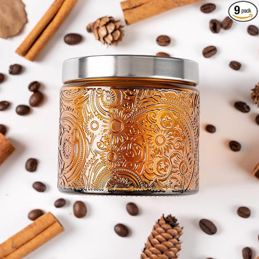 10 oz Mocha Sun Moon Stars Candle Jars with Metal Lids, 9 Pack | Patented Embossed Design, Includes Wick Centering Devices & Warning Labels, Multiple Color Options
