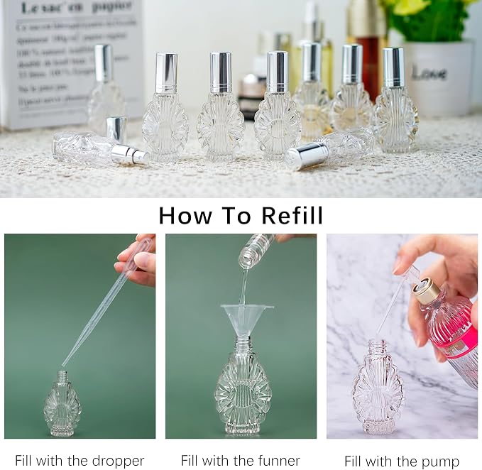 YU FENG 12pcs Empty Engraved Glass Perfume Atomizer Bottles with Funnels Pipettes Dispensers,Refillable Spray Perfume Bottles（13ml）