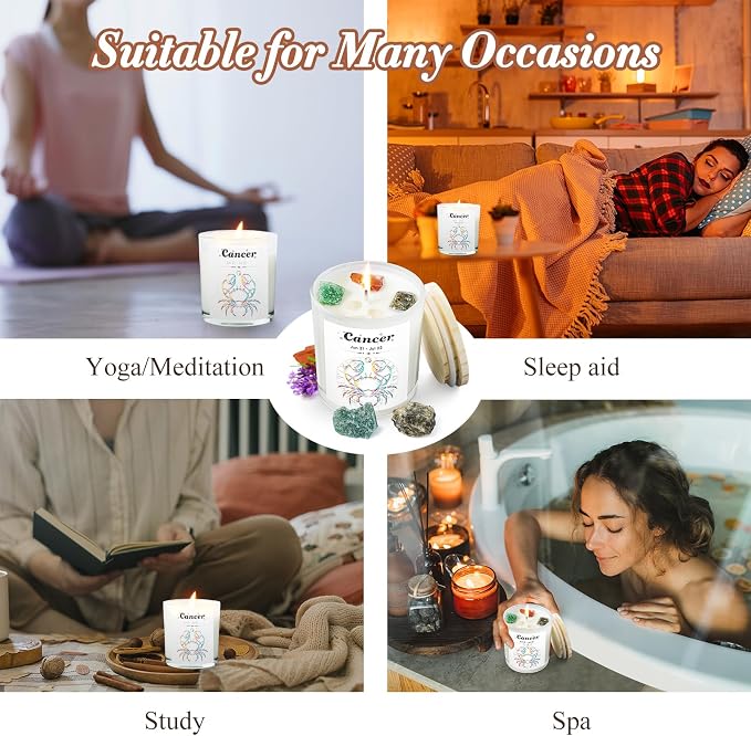 Cancer Gifts for Women, Zodiac Cancer Candle with Healing Crystals, Astrology Birthday Gifts for Women, Mom, Sister, Friends, Meditation, Yoga, Relaxation (7oz)